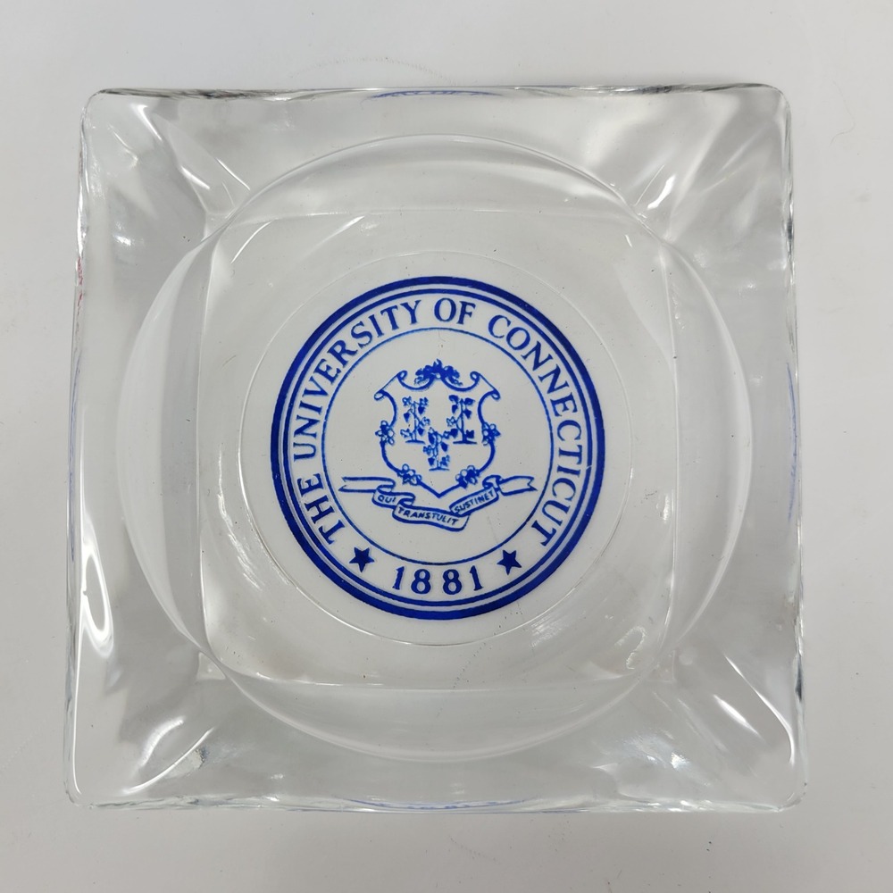 University of Connecticut UConn Glass Square Ashtray Vintage Blue Logo Seal 3.5"